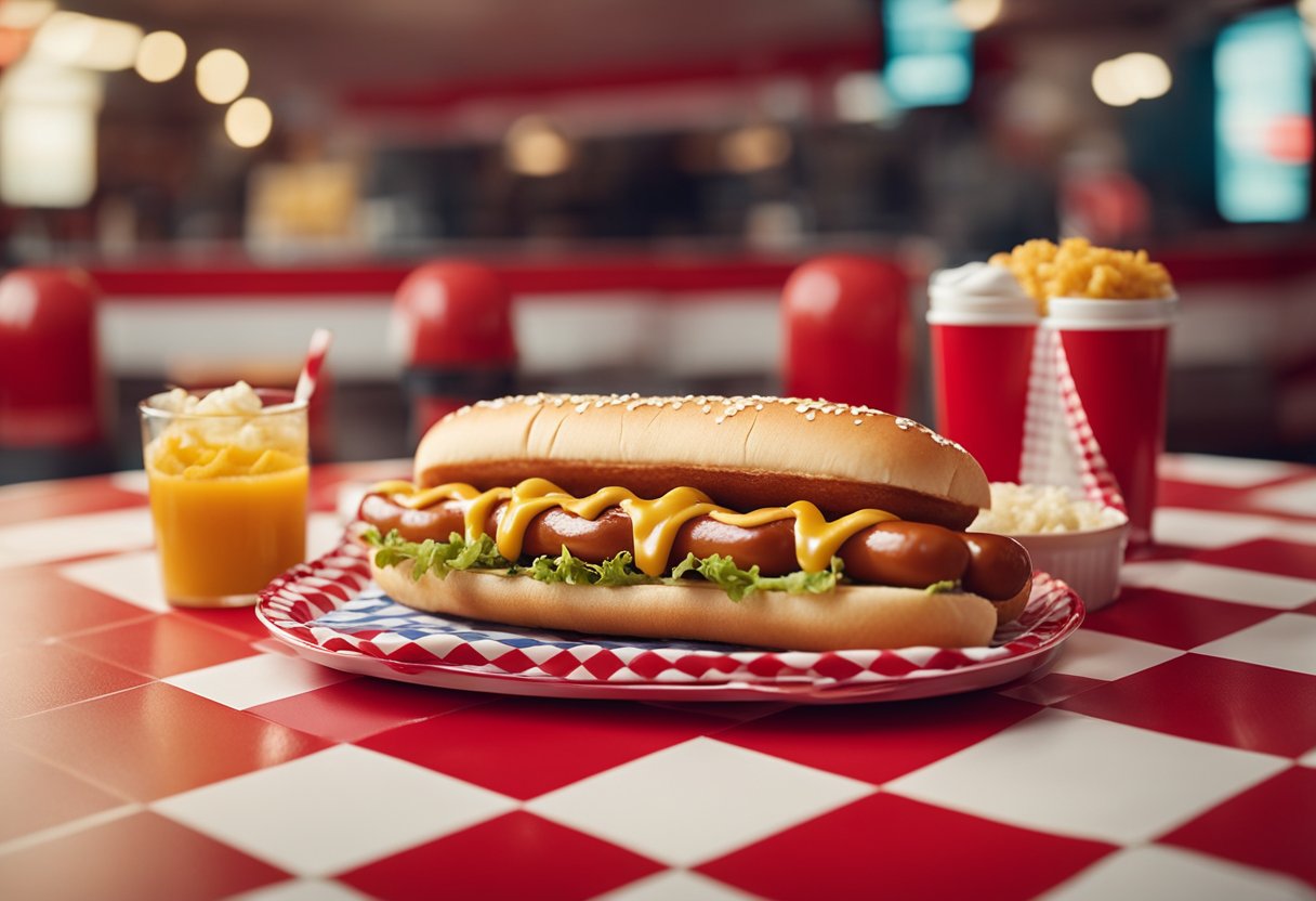 A colorful Sonic Drive-In hot dog sits on a red and white checkered tray, with condiments and steam rising from it