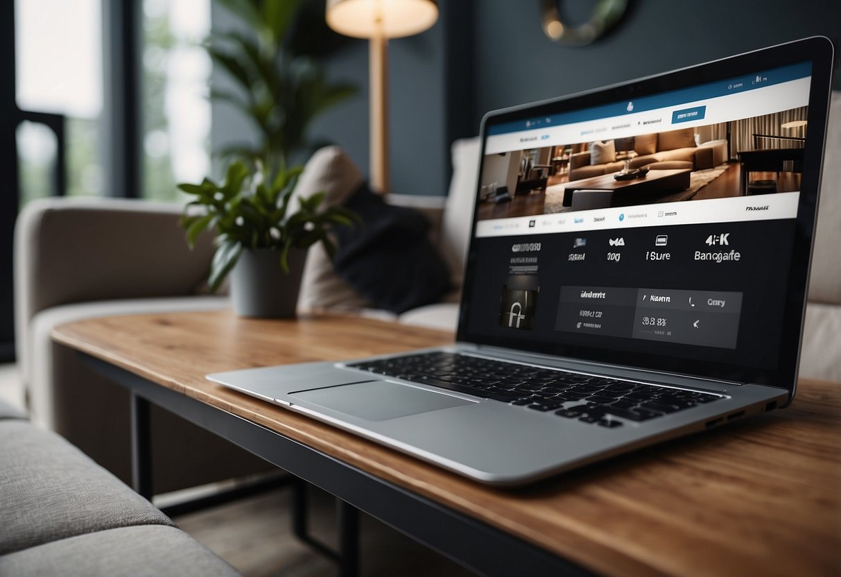 A person clicks "Add to Cart" on a sleek sofa, with a laptop open to an online furniture store, a credit card nearby