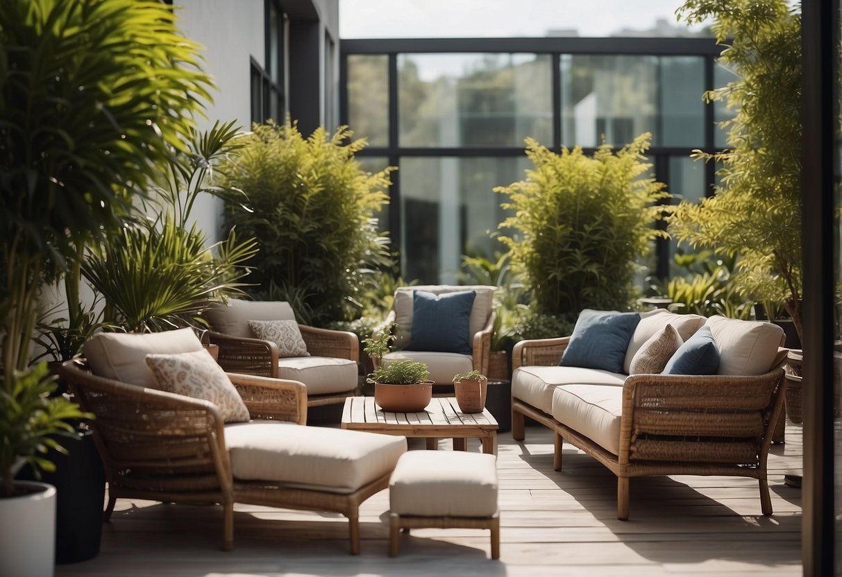 A sunny outdoor setting with modern and stylish furniture arranged in a cozy and inviting manner, surrounded by lush greenery and potted plants