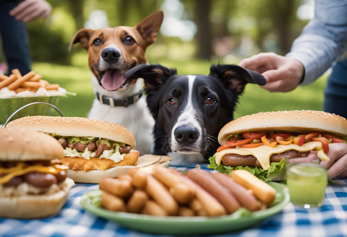 A group of dogs eagerly gather around a picnic table, with a variety of safe and healthy alternatives to Sonic Drive-In hot dogs laid out for them to enjoy