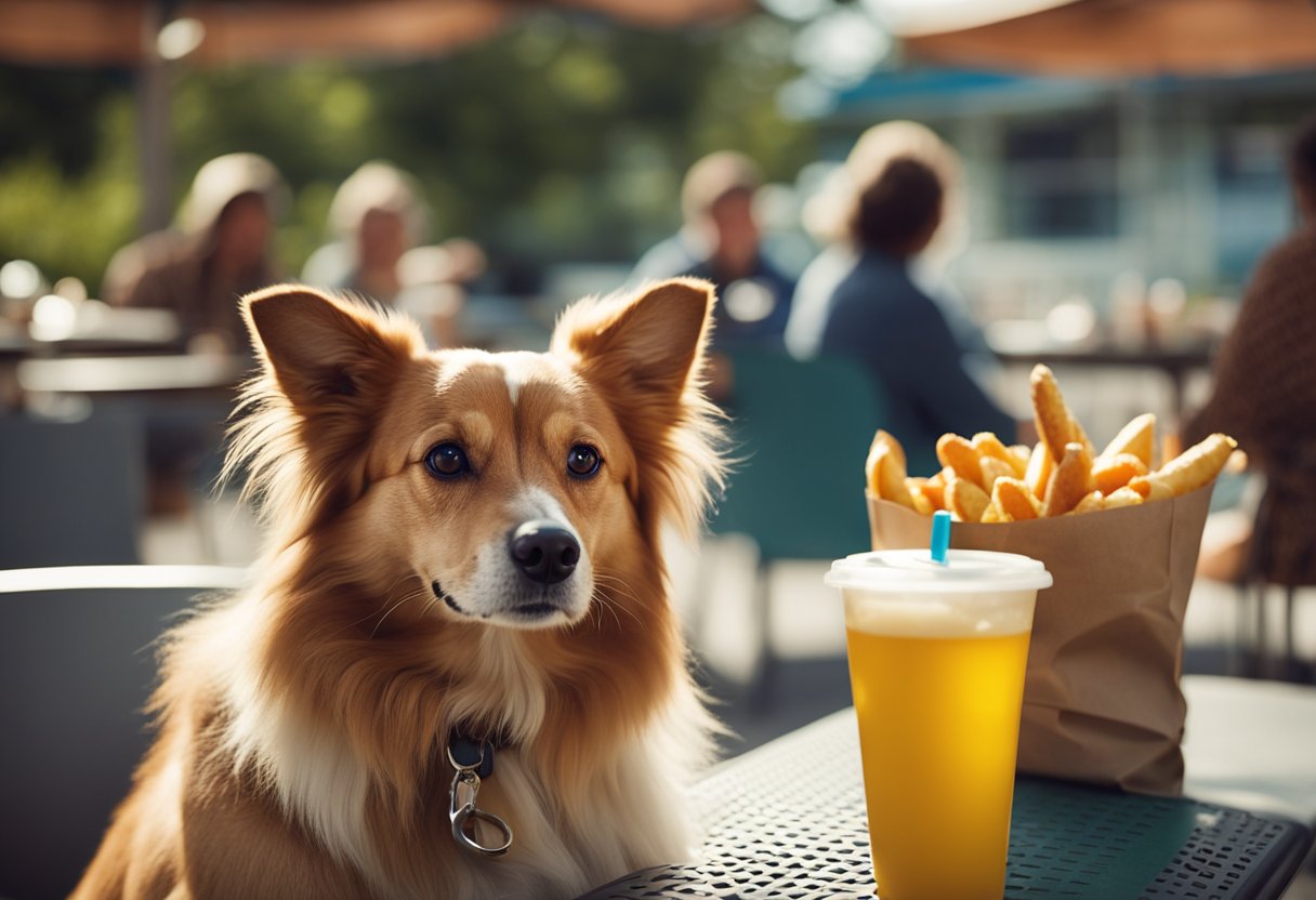 A dog sits at a Sonic Drive-In patio, eagerly eyeing a hot dog on a table. The owner holds a leash, ready to practice best dining etiquette with their canine companion