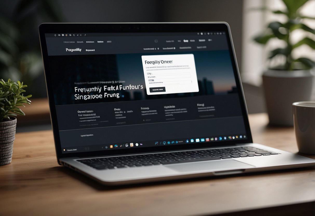 A laptop open on a desk, with a website displaying "Frequently Asked Questions" about online furniture shopping in Singapore