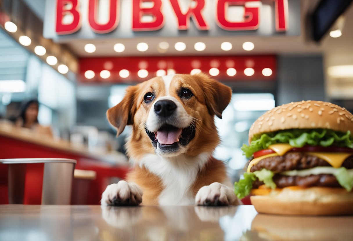 A happy dog with a wagging tail sits in front of a Five Guys burger, eagerly waiting to take a big bite.