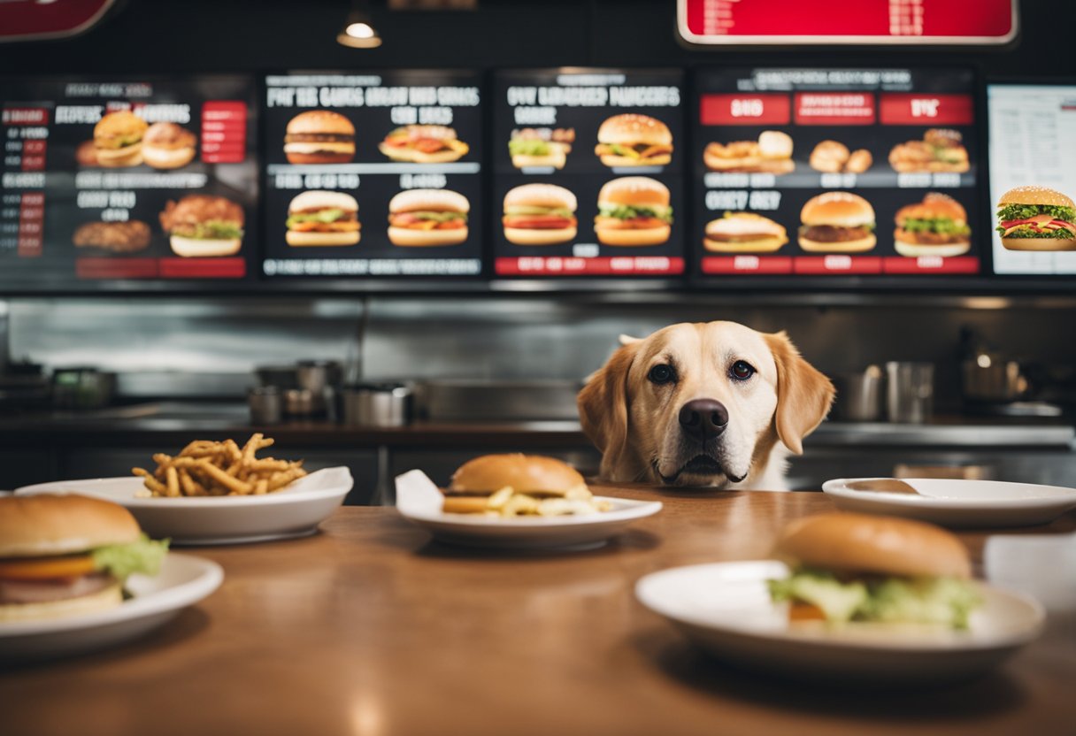 A colorful chart displays the nutritional profile of Five Guys burgers. A curious dog sniffs at the burgers, questioning if it can eat them.