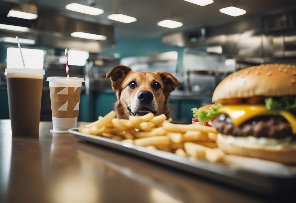 A dog sniffs a Five Guys burger, with a caution sign nearby. The dog looks curious but hesitant, as if considering the potential health risks.