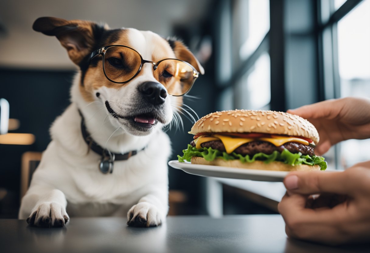 A dog happily munches on a Five Guys burger, while a hand offers a bowl of fresh water nearby.