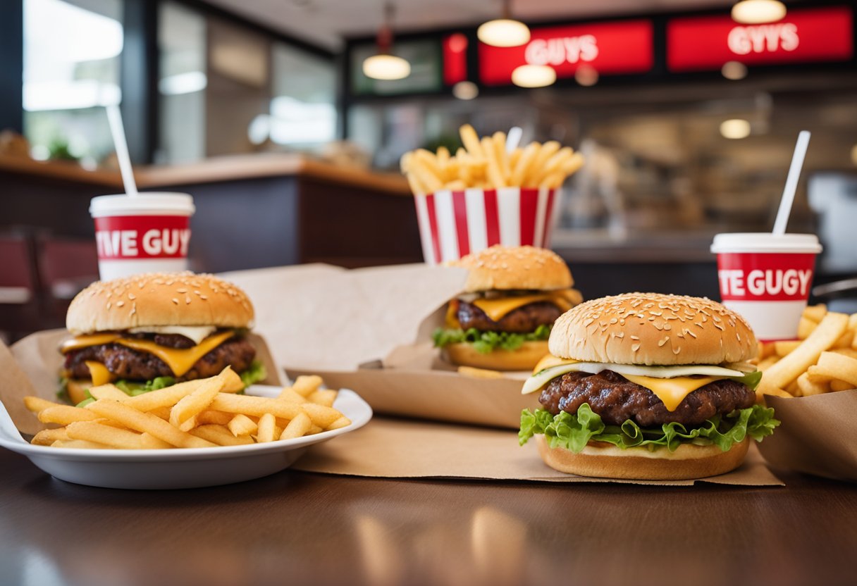 A table displays Five Guys menu items. A dog sniffs a Five Guys burger.