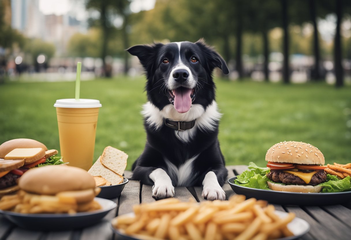 A happy dog sits in a park, surrounded by a variety of dog-friendly burger alternatives such as grilled chicken, sweet potato, and turkey patties.