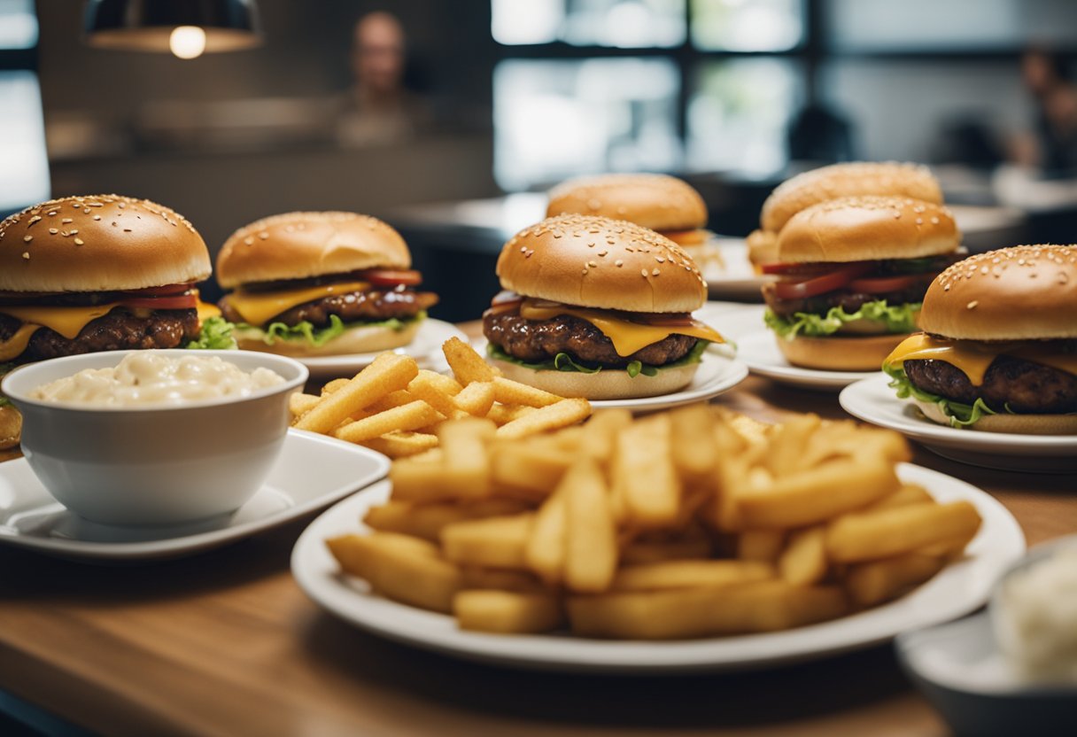 Five Guys burgers on a plate, with a curious dog sniffing and looking up at the food.