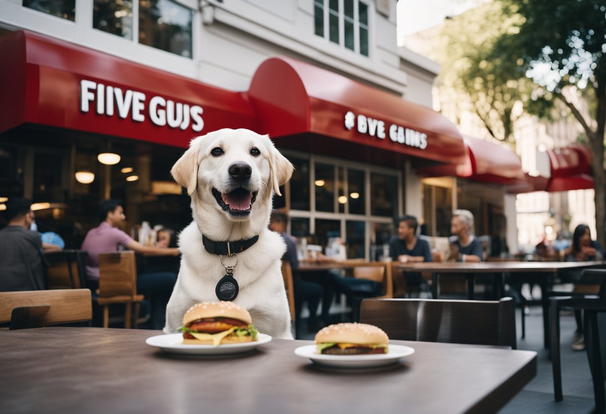 A dog eagerly sits in front of a Five Guys restaurant, with a burger in its mouth, while customers engage with the animal, smiling and petting it.