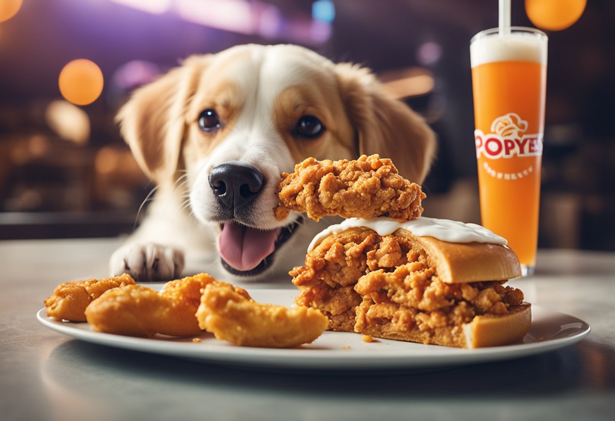 A dog eagerly devours a piece of Popeyes chicken, wagging its tail with excitement