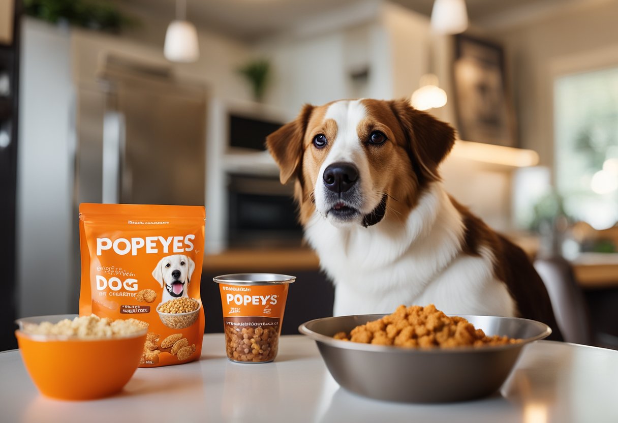 A happy dog eagerly eats a bowl of balanced dog food, while a tempting piece of Popeyes chicken sits untouched nearby