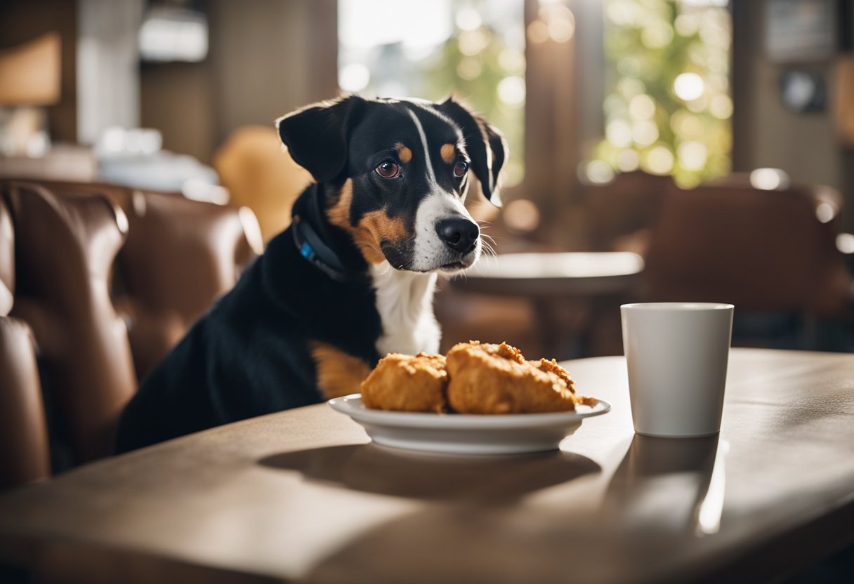 A dog eagerly approaches a plate of Popeyes chicken. A concerned owner looks on, holding a pamphlet about potential health risks for dogs