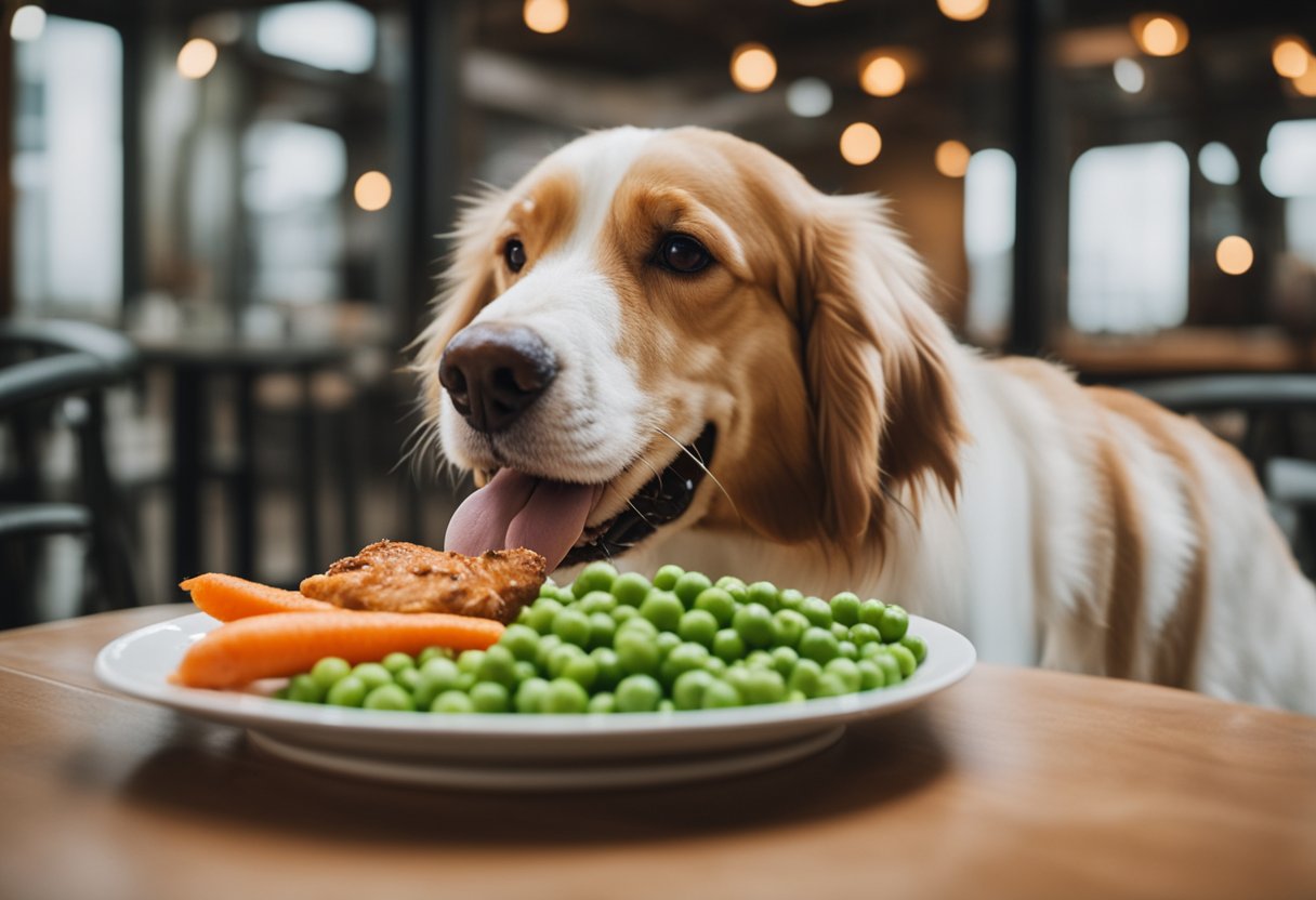 A dog happily eating carrots, peas, and grilled chicken, while ignoring a plate of Popeyes chicken