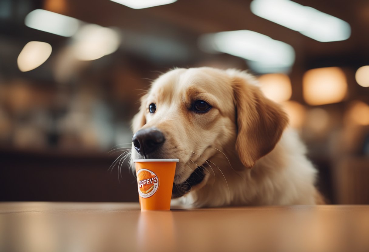 A dog eagerly sniffs a piece of Popeyes chicken, its tail wagging in excitement as it prepares to take a bite