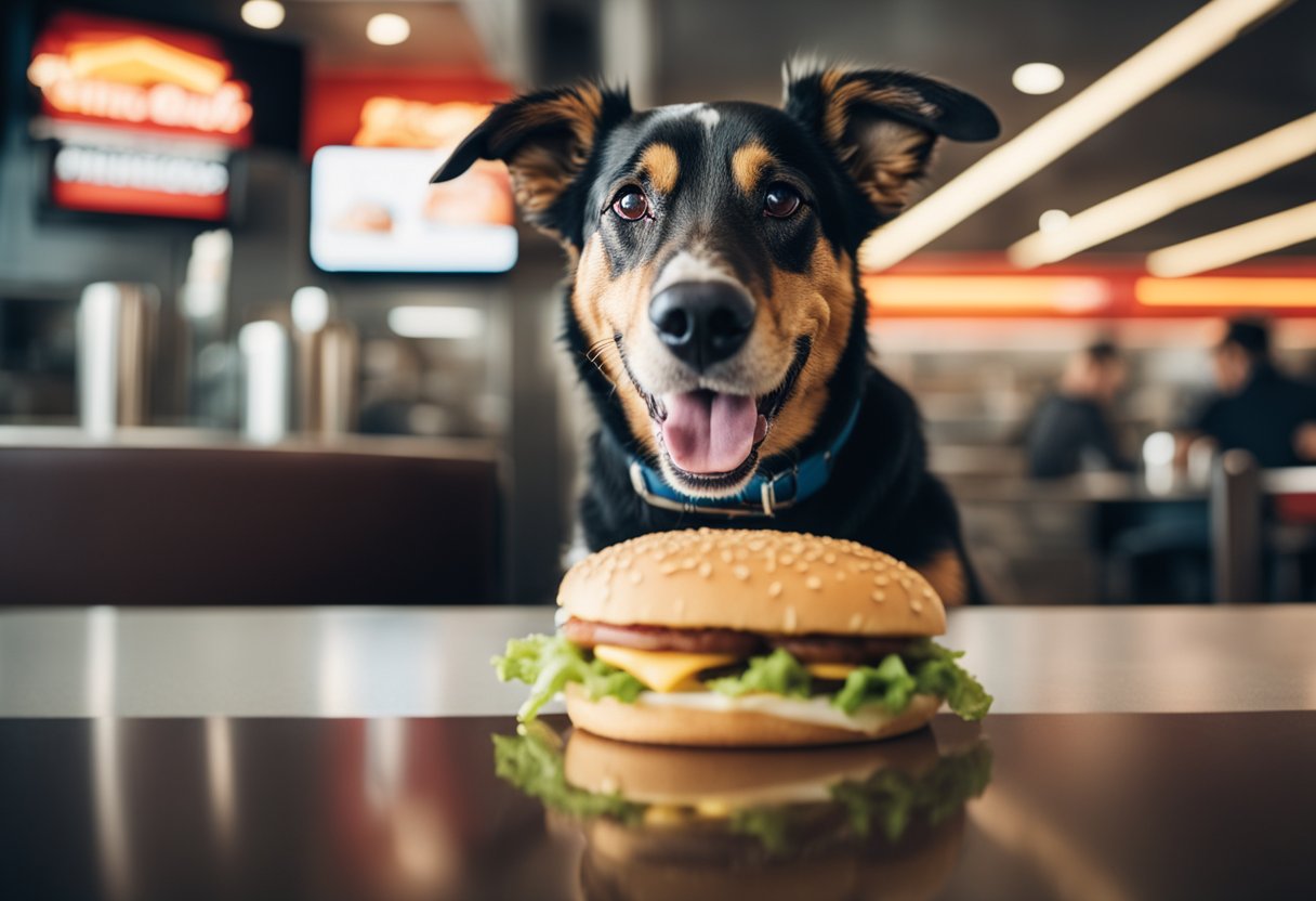 A happy dog enjoying an In-N-Out burger, with a wagging tail and a big smile on its face.