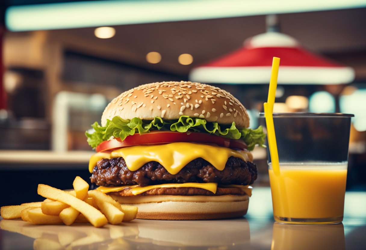 A dog eagerly eyes a classic In-N-Out Burger menu, with a cheeseburger, fries, and a milkshake depicted.