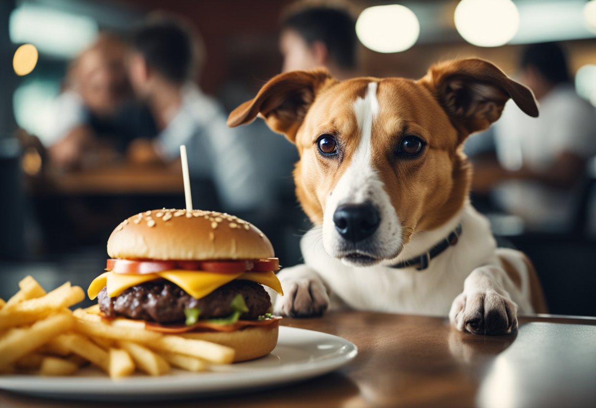 A dog eagerly devours an In-N-Out burger, wagging its tail with excitement.