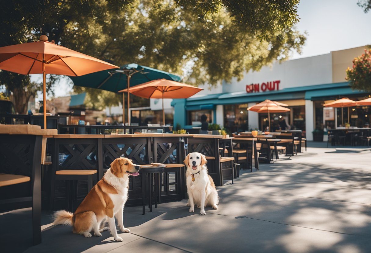 Dogs enjoying In-N-Out burgers and treats in a dog-friendly outdoor seating area.