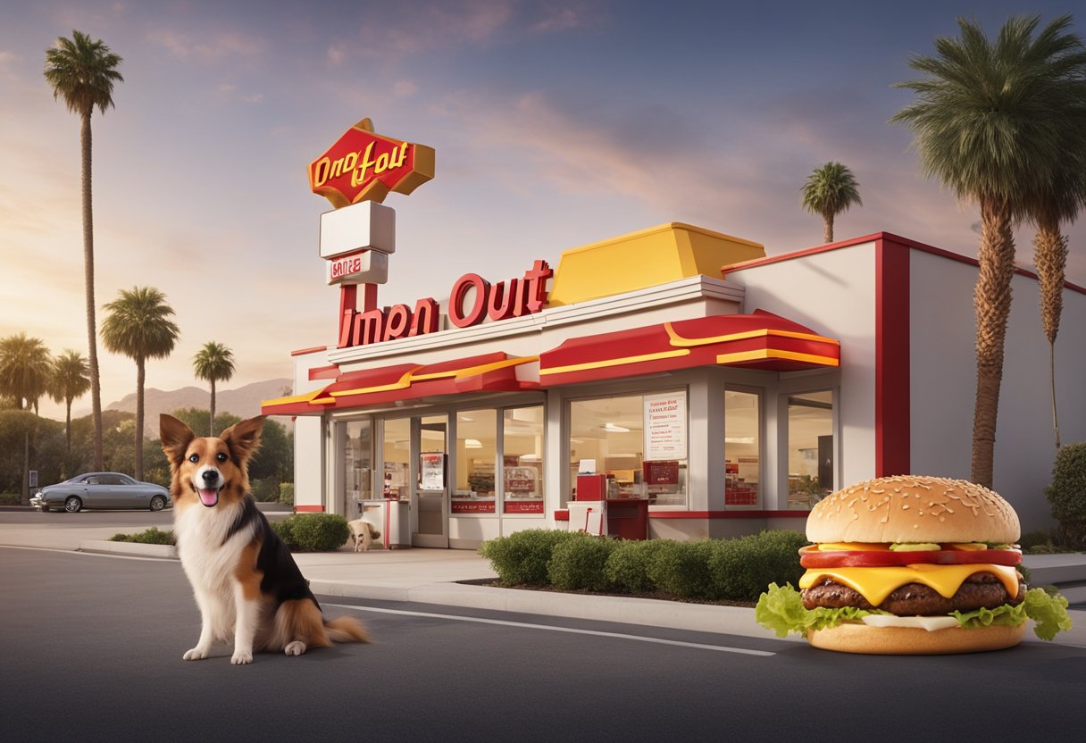 A dog eagerly sits in front of an In-N-Out Burger, with a dog-friendly menu displayed nearby. The dog looks excited and ready to enjoy a tasty treat.