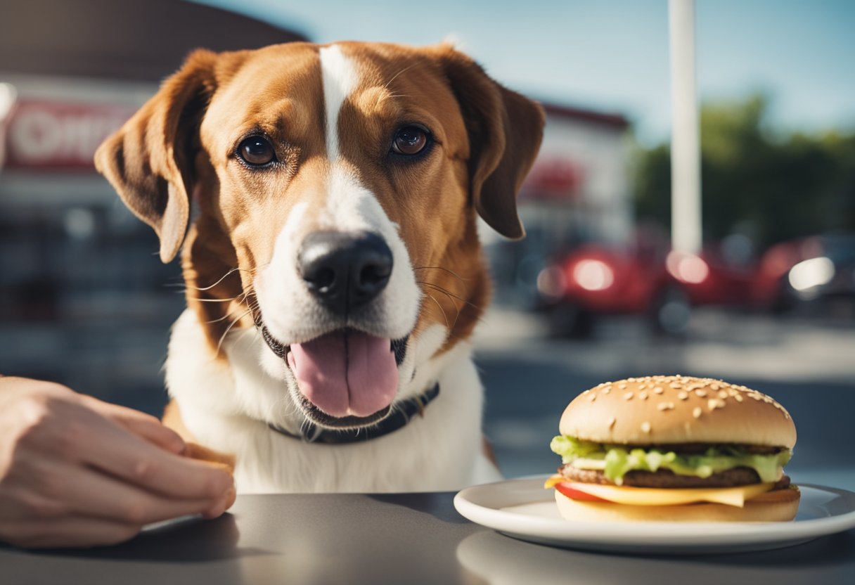 A dog eagerly waits as a hand presents an In-N-Out burger. The dog's tail wags, and its mouth waters in anticipation of the fast food treat.