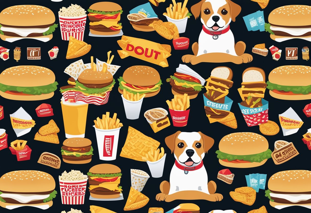 Dogs eagerly devouring In-N-Out burgers, surrounded by fast food wrappers and cultural symbols.