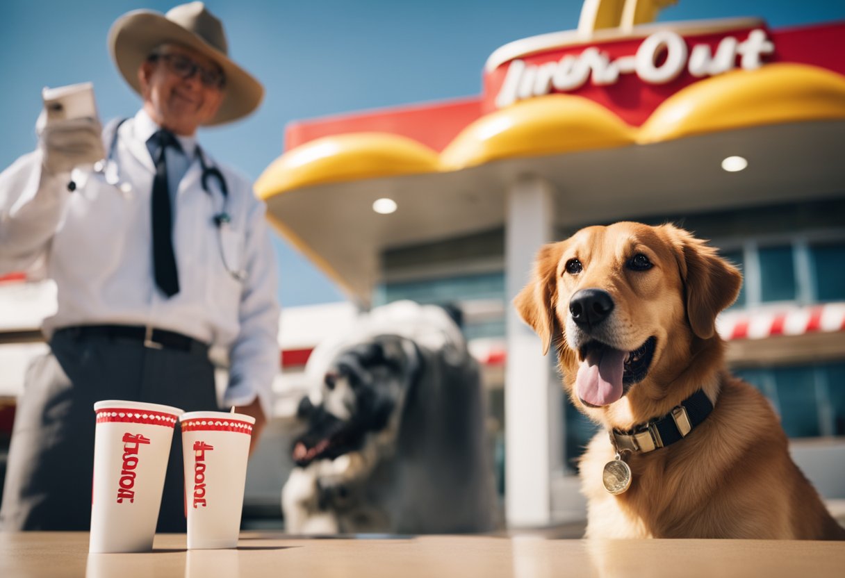 A happy dog sits in front of an In-N-Out Burger, with a concerned veterinarian advising against feeding human food to pets.