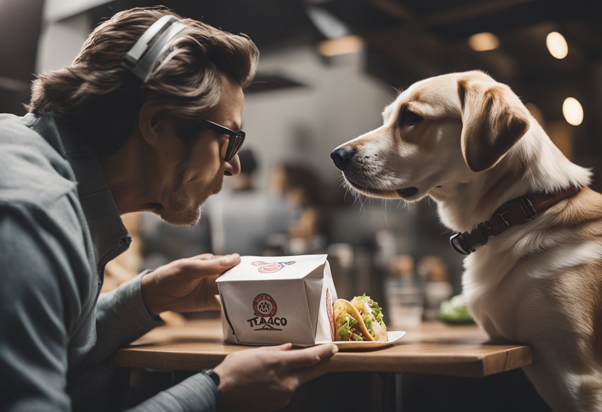 A dog eagerly sniffs a Jack in the Box taco, while a concerned owner looks on