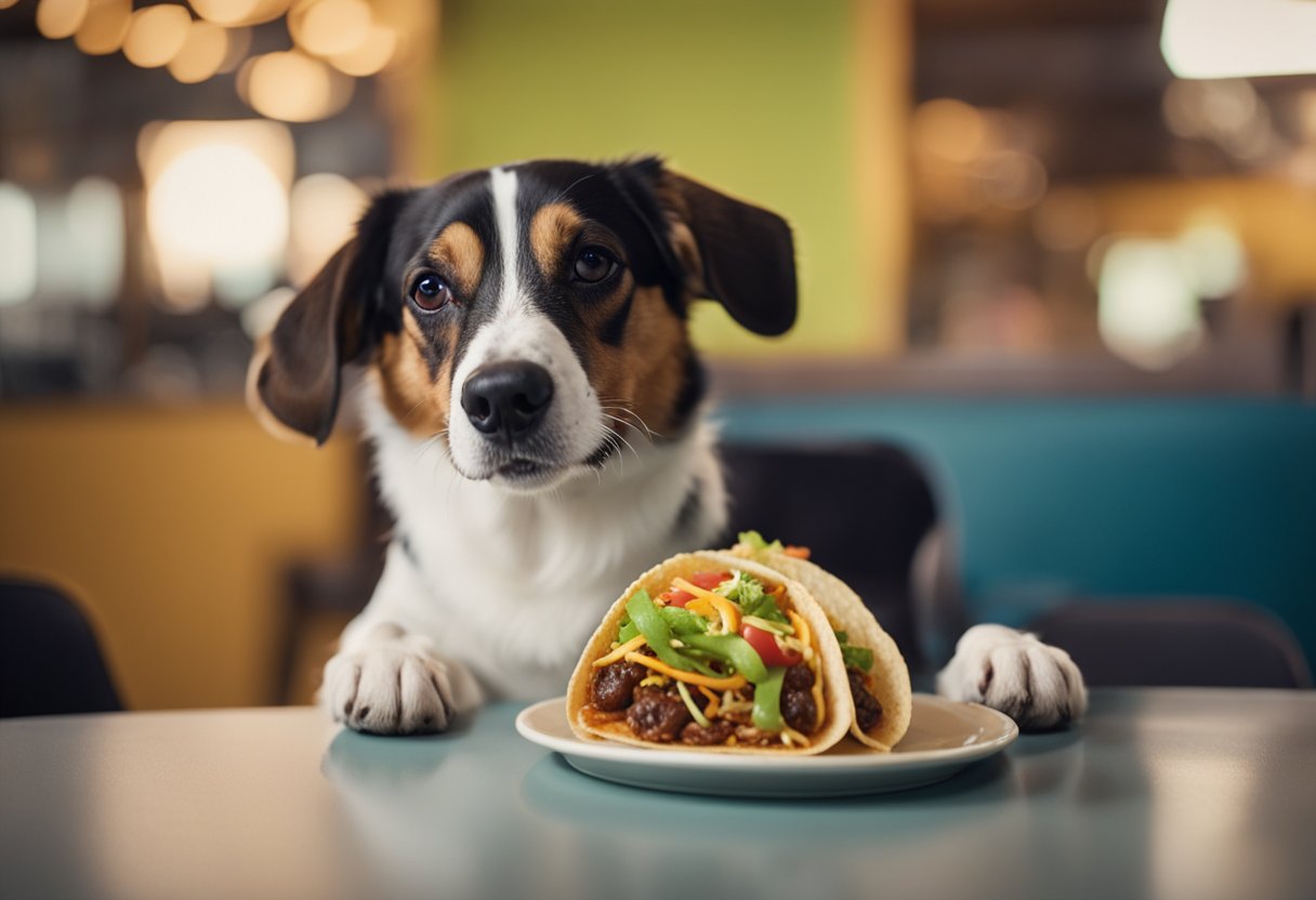 A dog eagerly sniffs a Jack in the Box taco, its tail wagging in anticipation. The colorful taco sits on a plate, tempting the hungry pup