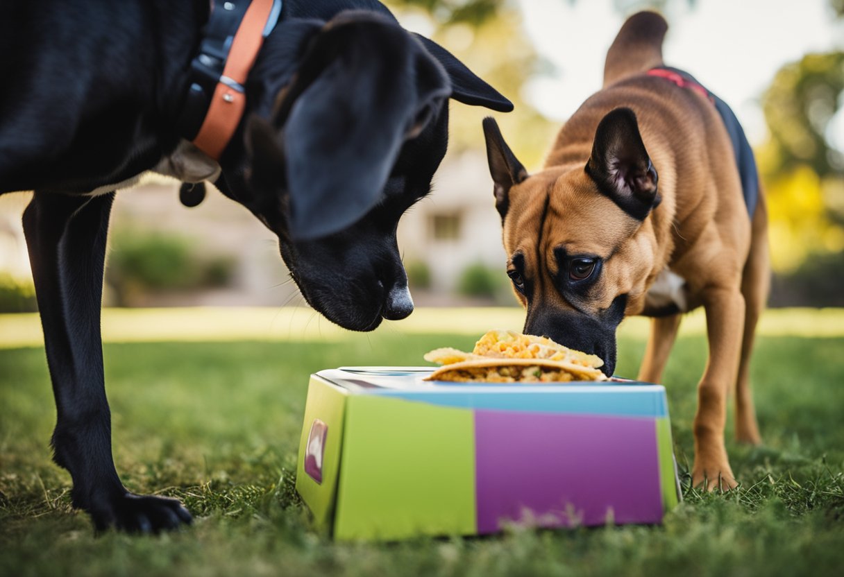 A dog eagerly sniffs a Jack in the Box taco, while a concerned owner looks on. The dog's tail wags in anticipation as the owner debates whether to allow their pet to indulge in the tempting treat