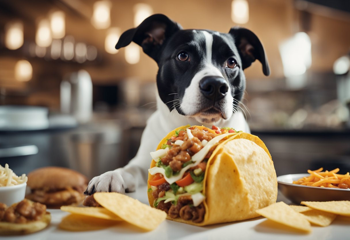 A dog sniffs a Jack in the Box taco surrounded by question marks and ingredient labels