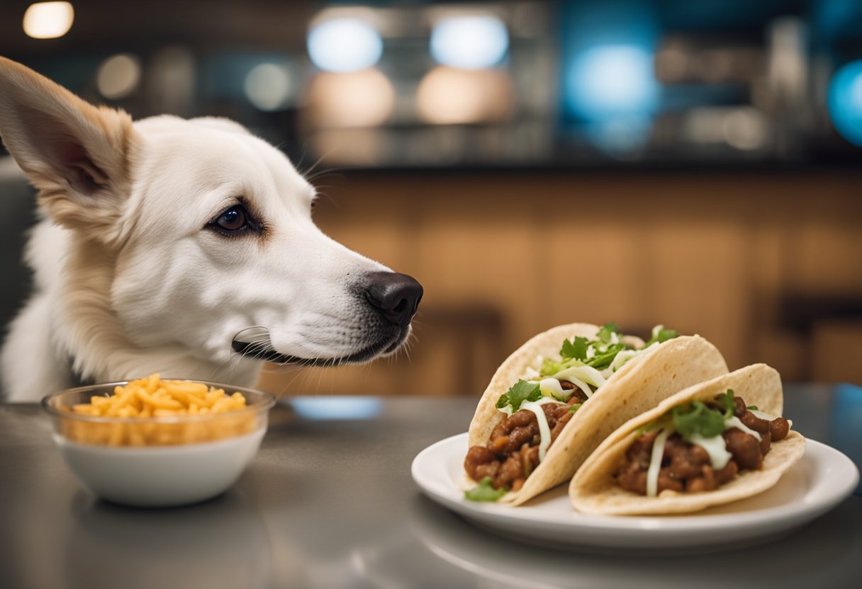 A happy dog eating from a bowl of safe, dog-friendly food next to a closed box of Jack in the Box tacos