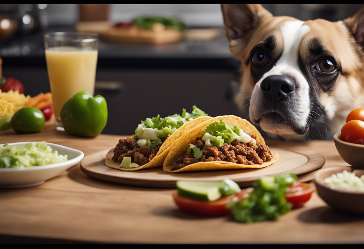 A dog eagerly awaits as a taco is placed in front of it, with ingredients like ground beef, lettuce, and cheese scattered around