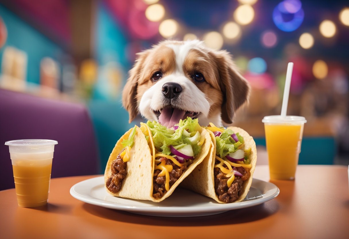 A happy dog sits in front of a Jack in the Box taco, looking eager to take a bite. The taco is placed on a clean, white plate, with a colorful background