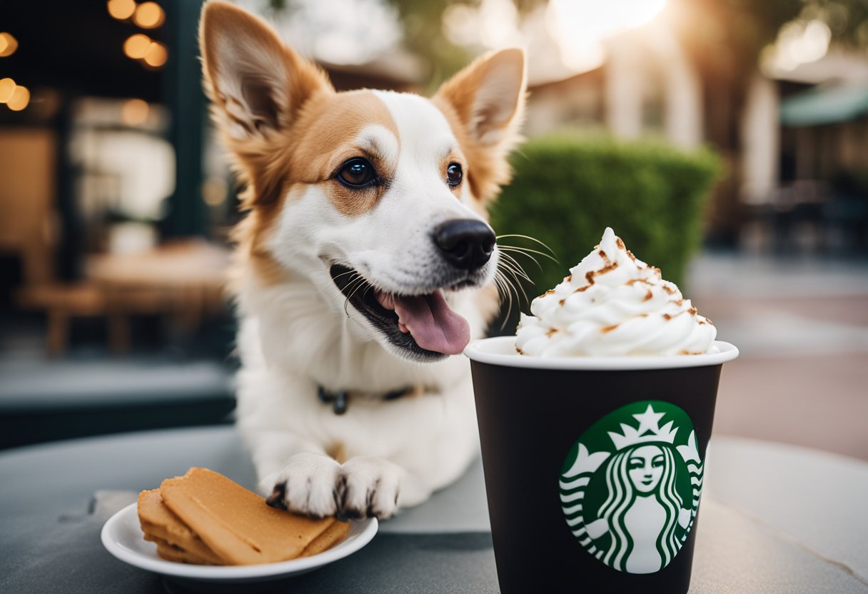 A dog eagerly licks a small cup of whipped cream on a Starbucks patio.