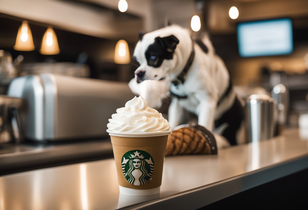 A dog eagerly licks a small cup of whipped cream at a Starbucks counter. The pup's tail wags as it enjoys the "Puppuccino" treat.