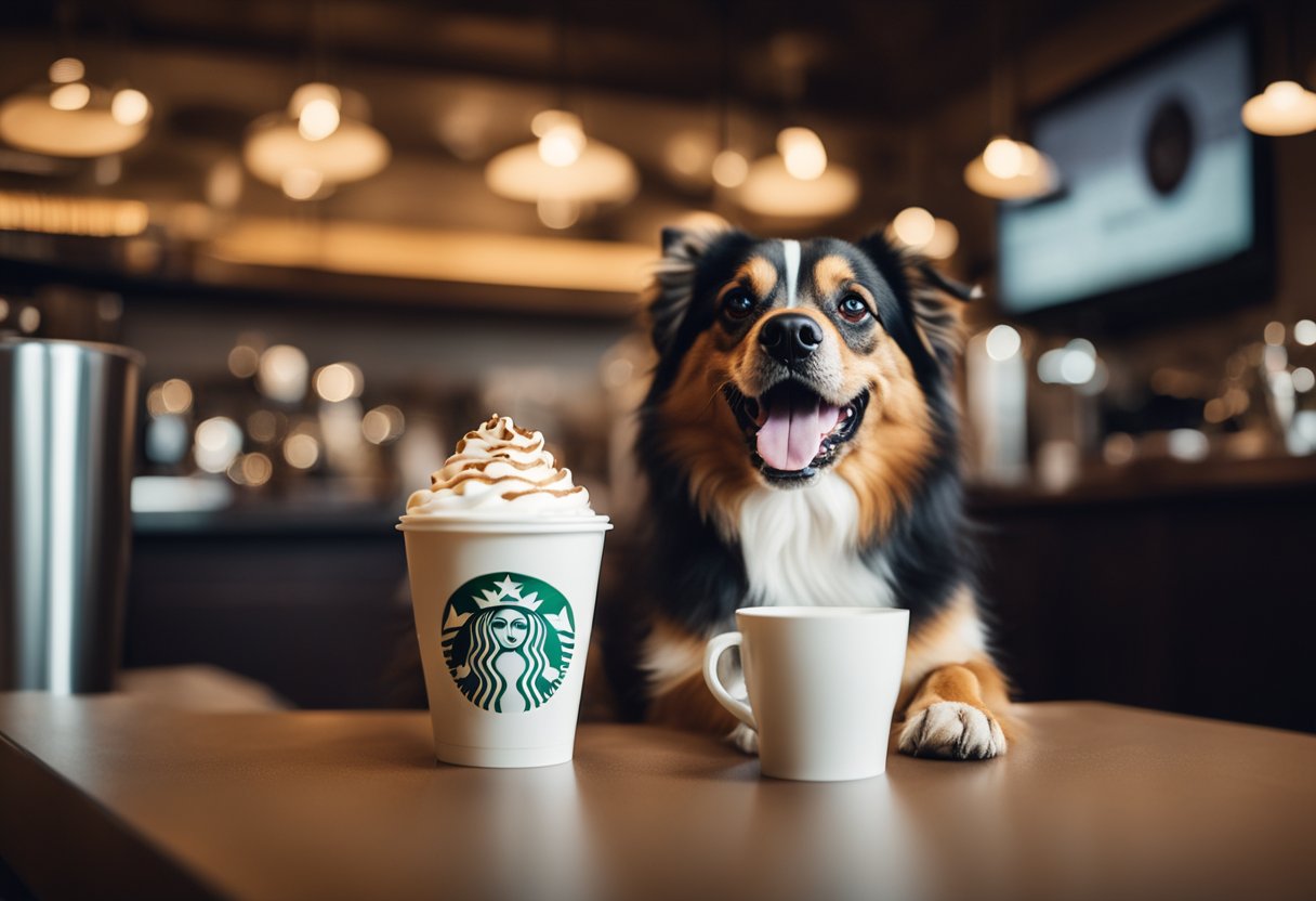 A happy dog eagerly laps up a small cup of Puppuccino from a Starbucks barista, tail wagging and eyes bright with excitement.