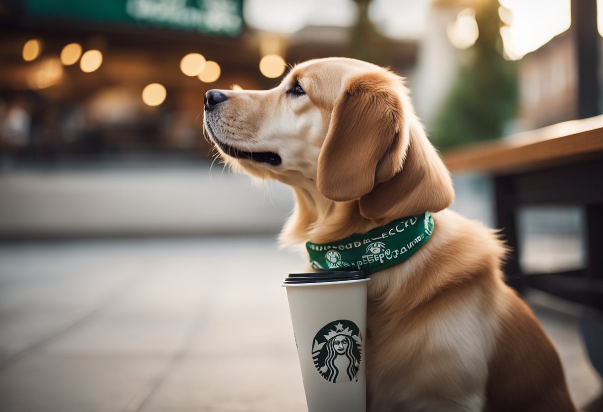 A dog eagerly sits in front of a Starbucks cup, with a creamy Puppuccino inside. The dog's tail wags as it looks up expectantly, ready to enjoy the treat.