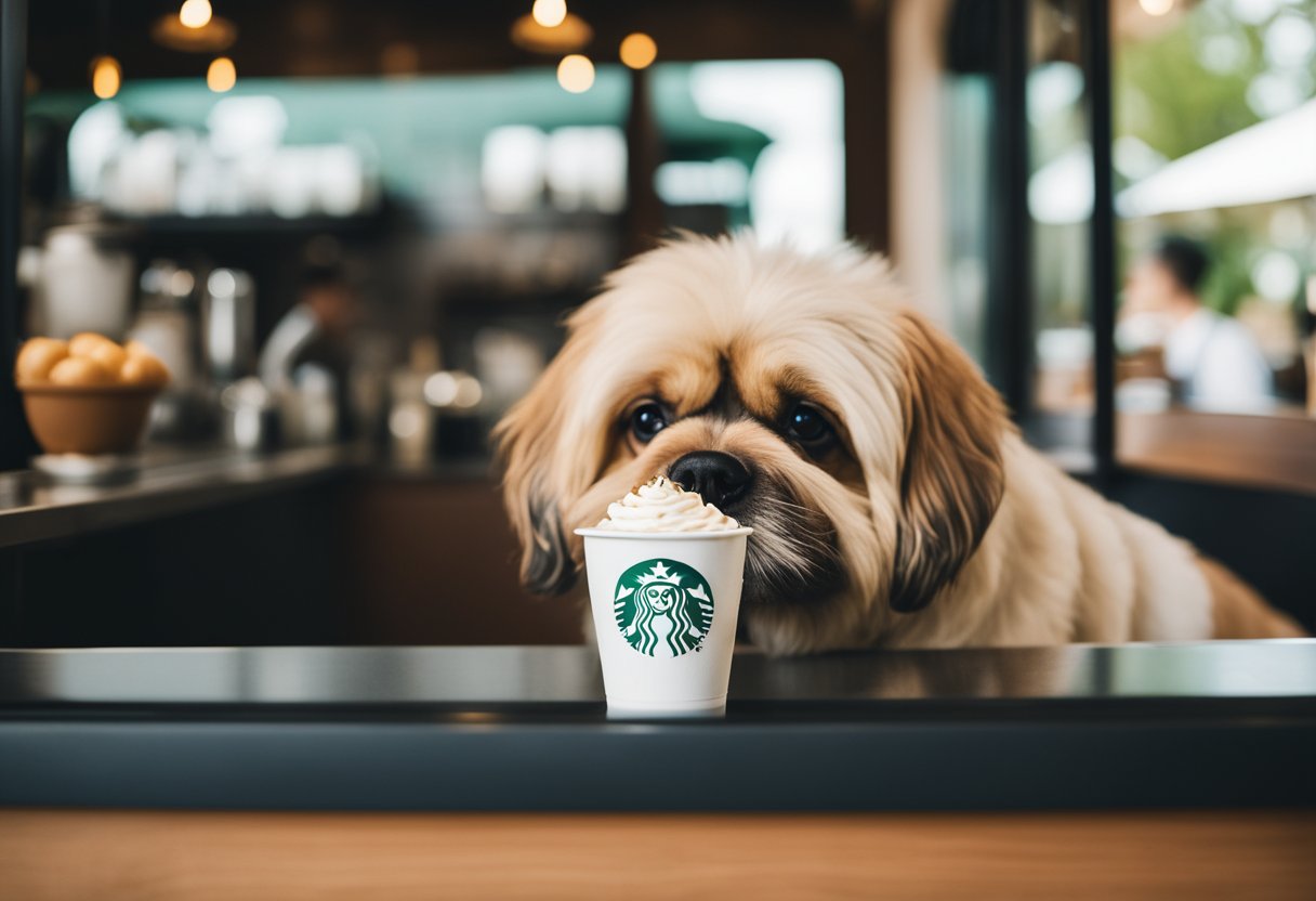 A dog eagerly sits at a Starbucks drive-thru window, while a barista hands over a small cup of whipped cream, labeled "Puppuccino."