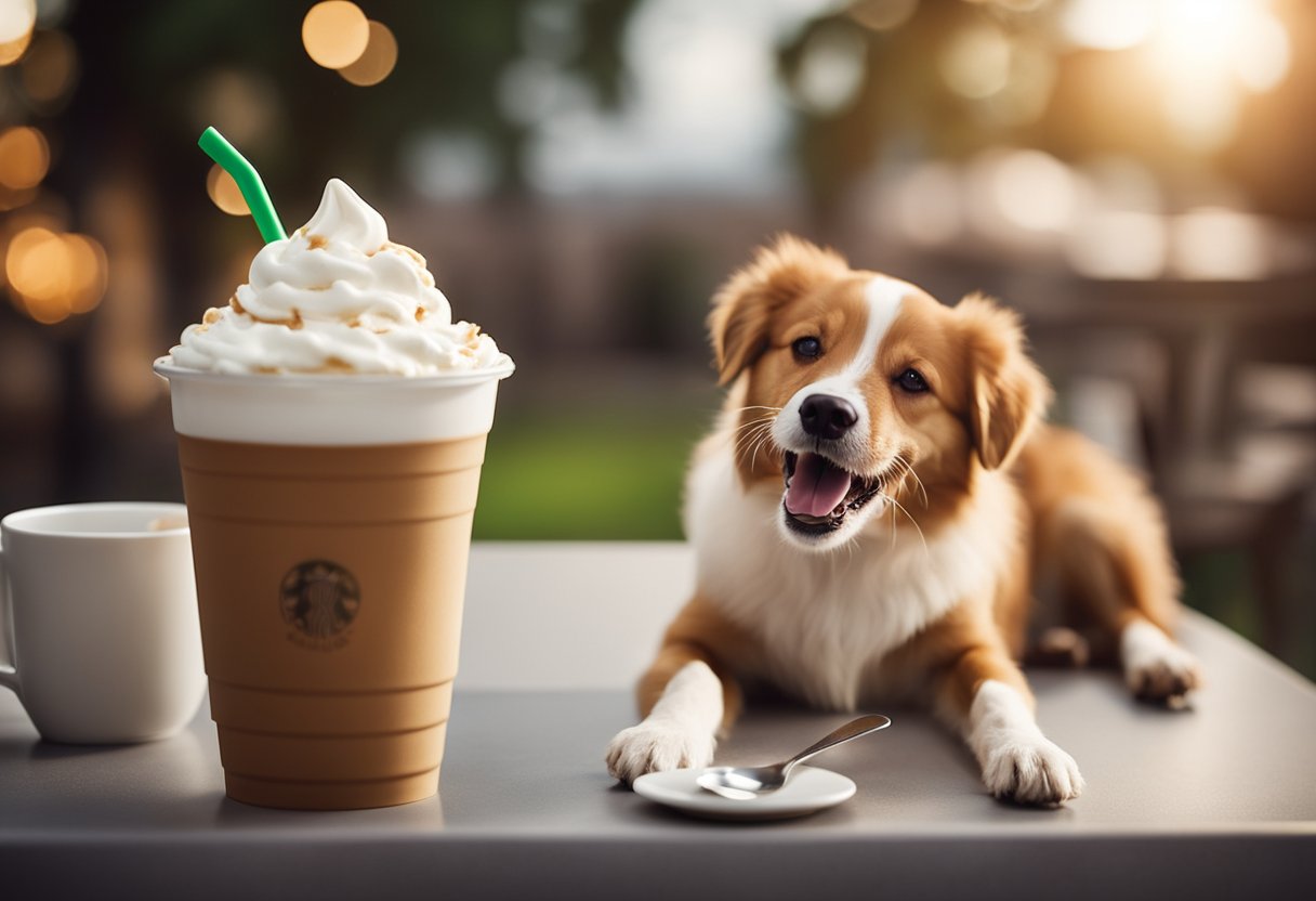 A happy dog eagerly licks a small cup of whipped cream, while a Starbucks logo is visible in the background.