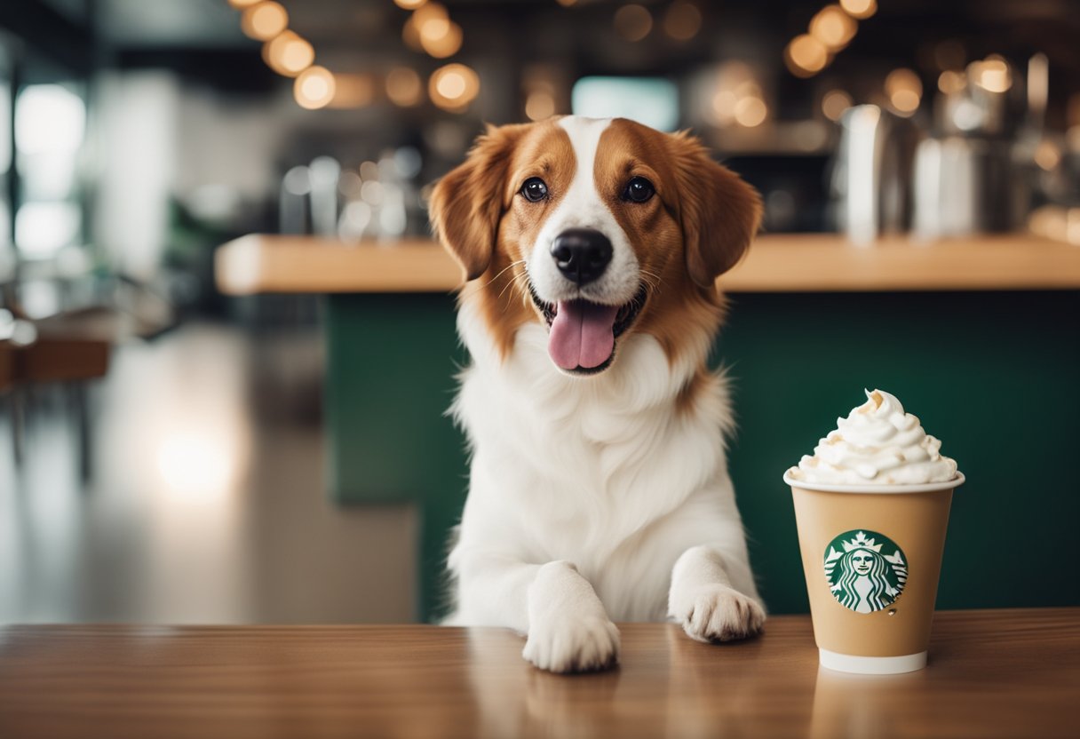 A happy dog eagerly laps up a small cup of whipped cream, with a Starbucks logo visible in the background.