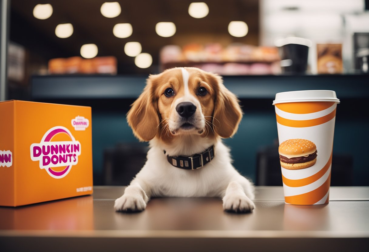 A dog sits eagerly in front of a Dunkin' Donuts box, with a curious expression, as the aroma of the sweet treats wafts through the air.