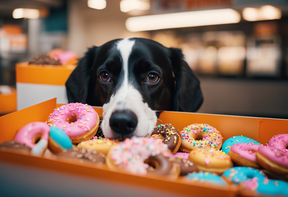 A dog eagerly sniffs a colorful box of Dunkin' Donuts, while a few scattered crumbs suggest a previous indulgence.