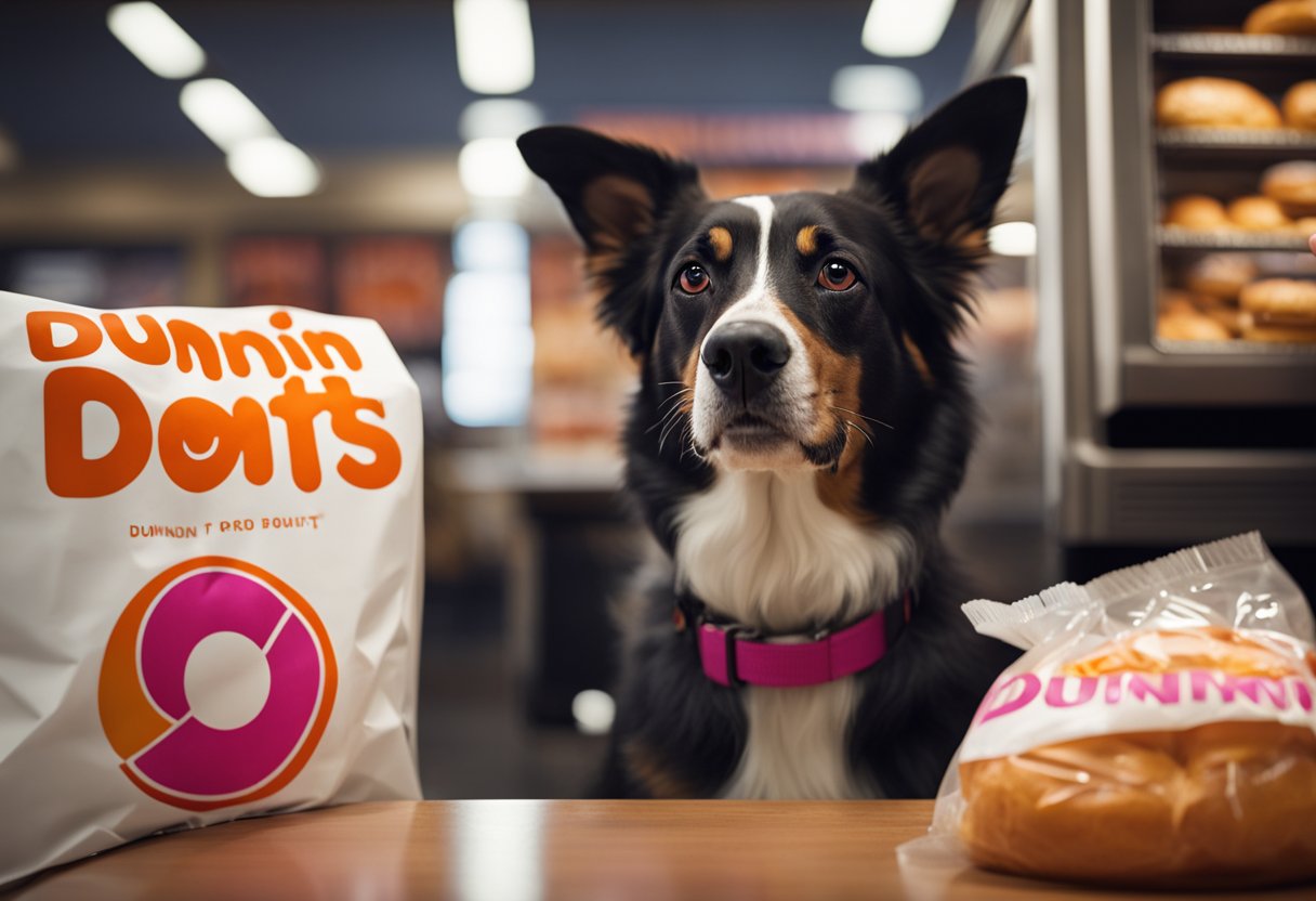 A dog sits eagerly in front of a Dunkin' Donuts bag, with a concerned owner looking on. The dog's tail wags as it gazes longingly at the sugary treats inside