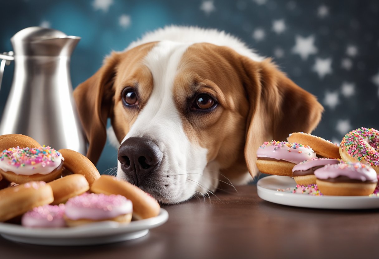 A dog sniffs a pile of Dunkin' Donuts, with a red "X" over ingredients like chocolate, caffeine, and xylitol.