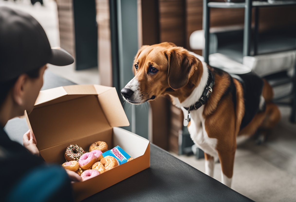 A dog sniffs a tempting box of Dunkin' Donuts, while a concerned owner looks on, holding a pamphlet about health issues associated with donuts for dogs.