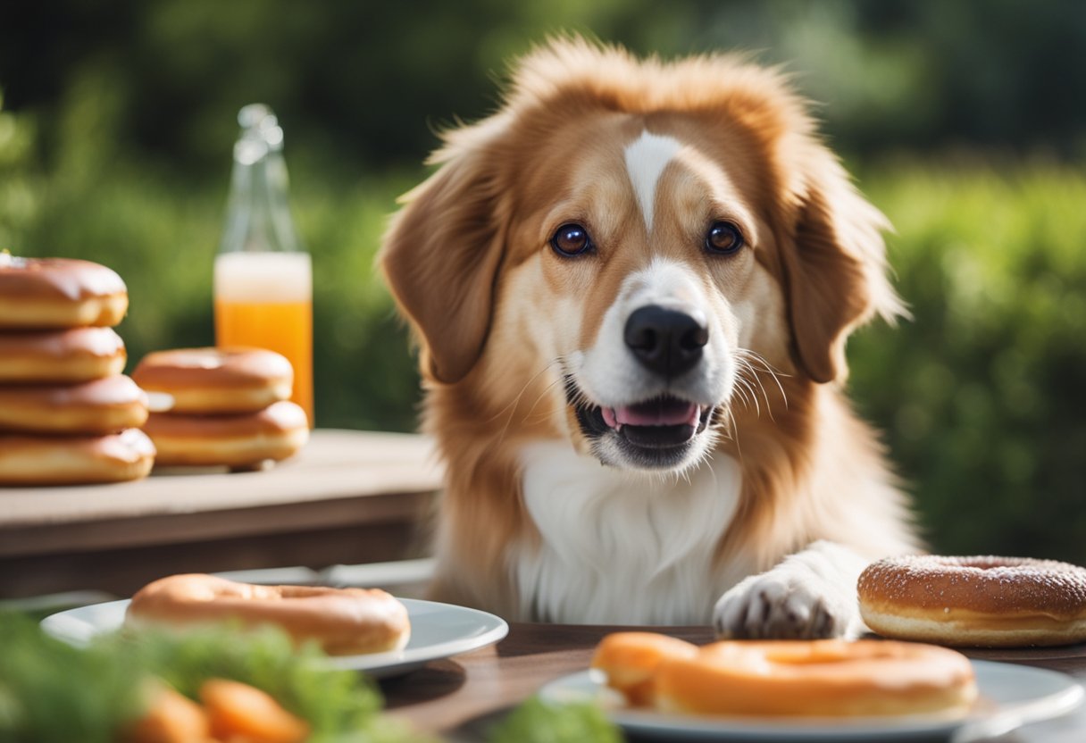 A dog happily munches on a carrot while a plate of donuts sits untouched nearby. The dog looks healthy and content, with a wagging tail