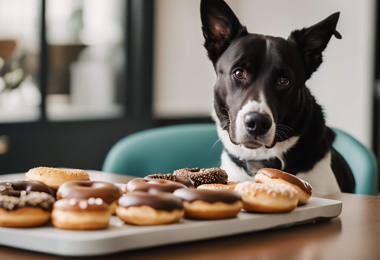 A variety of donuts scattered on a table, with a curious dog sniffing at them