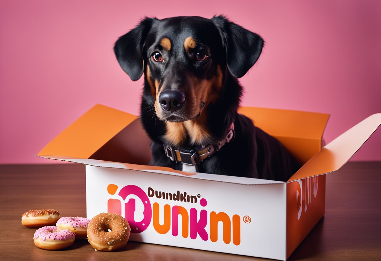 A dog eagerly eyes a Dunkin' Donuts box, with a few scattered donut crumbs nearby. The dog looks curious and excited, but also cautious