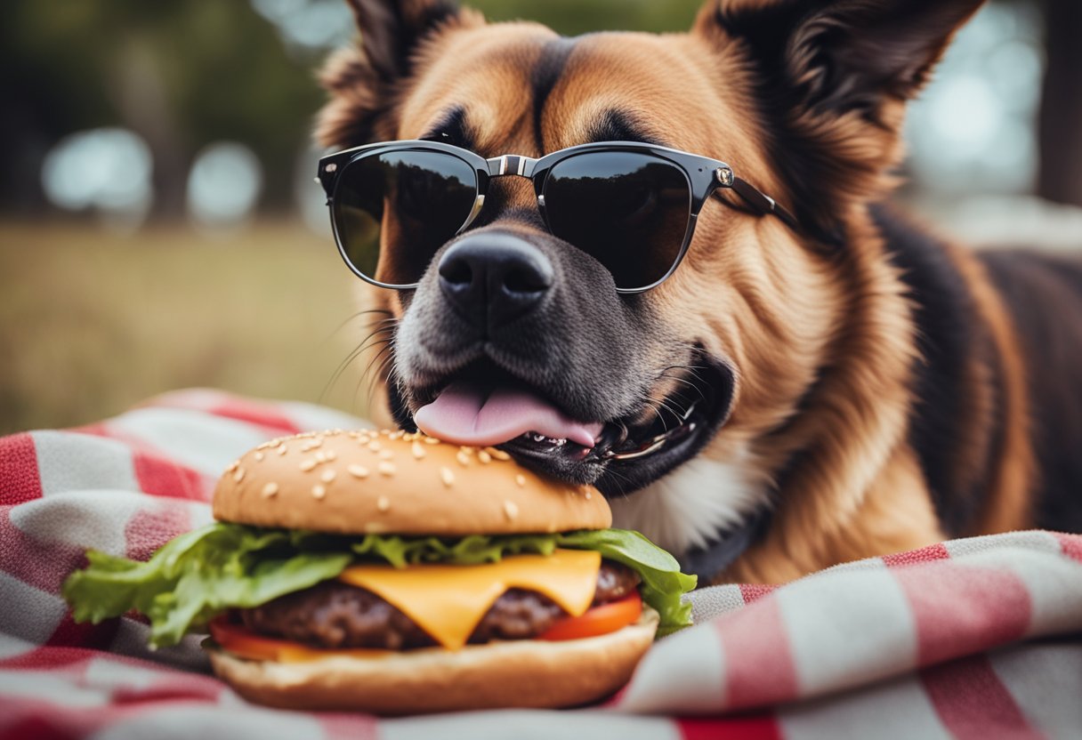 A happy dog sniffs a Carl's Jr. burger on a picnic blanket.